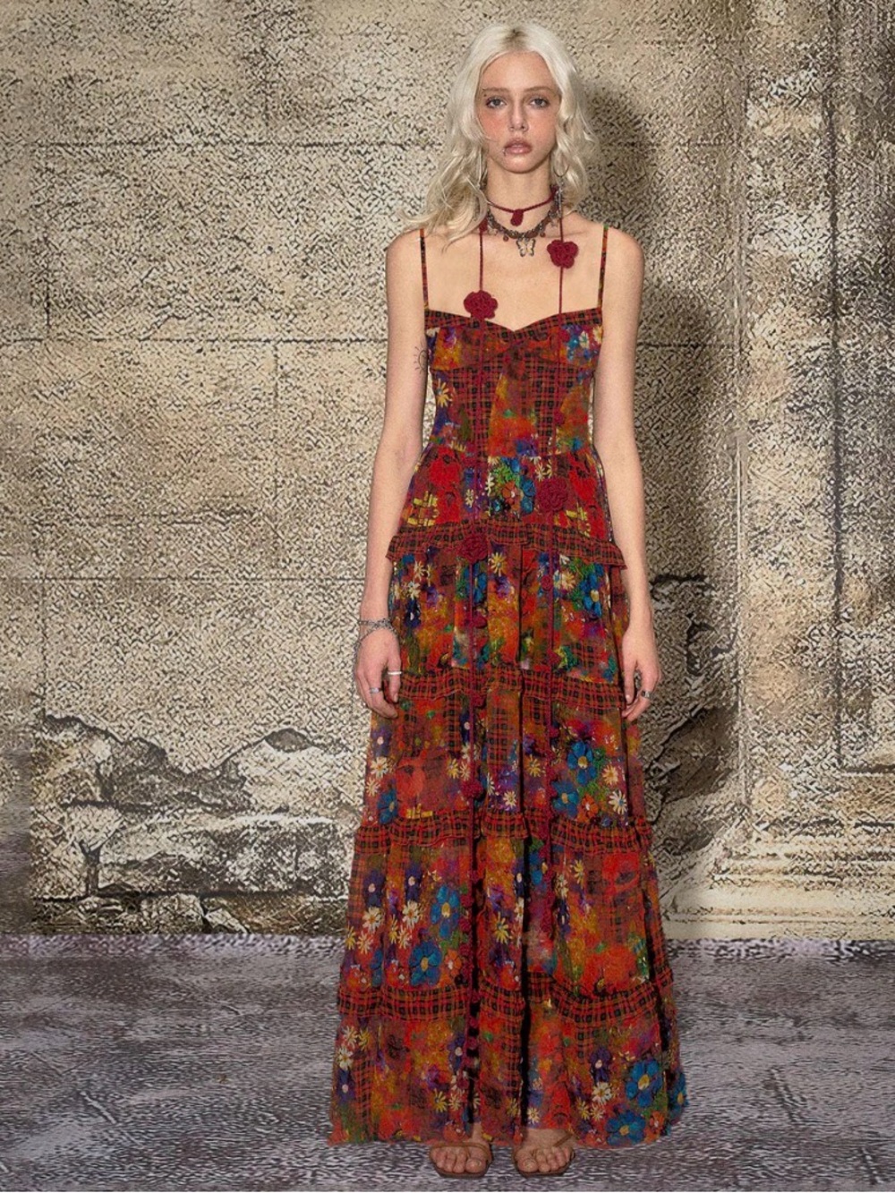 Floral Plaid Red Boho Maxi Dress with Spaghetti Straps nwt - Picture 9 of 10